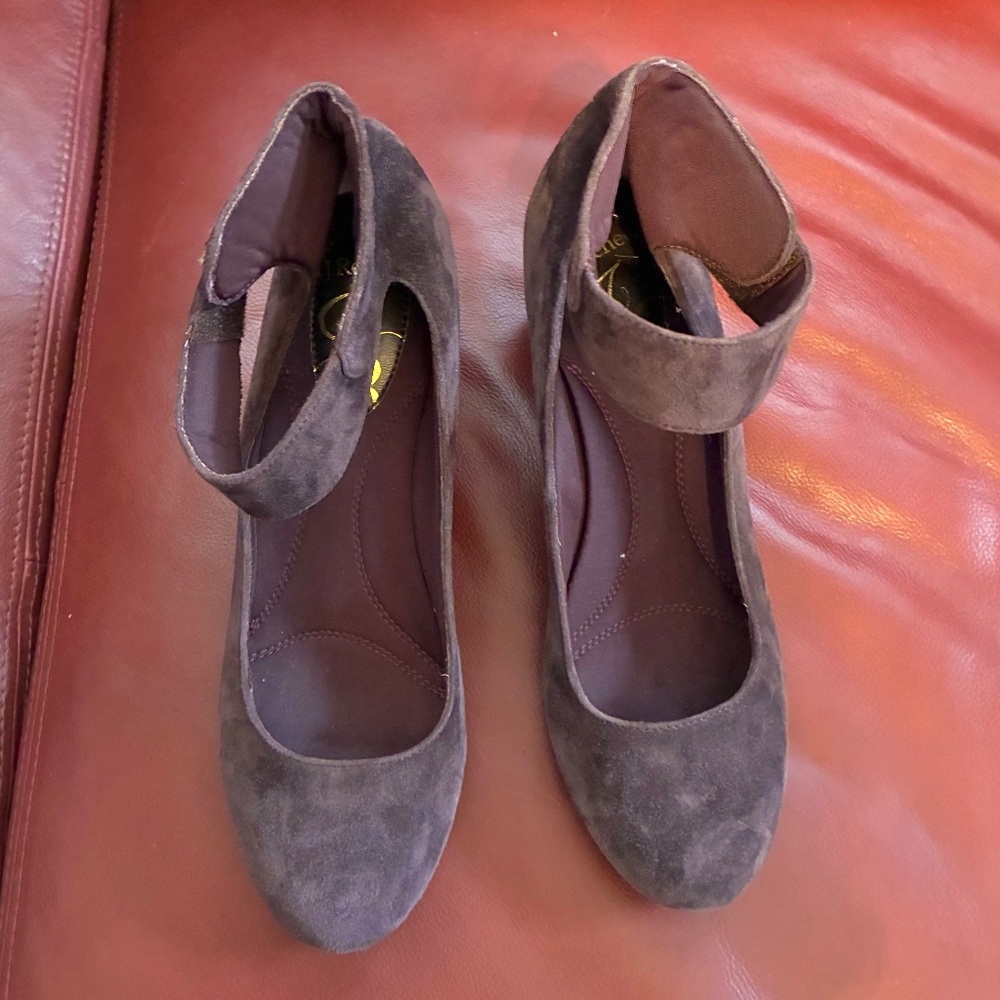 "J.Renee" brown, suede, wedge pumps, 8, with ankle strap